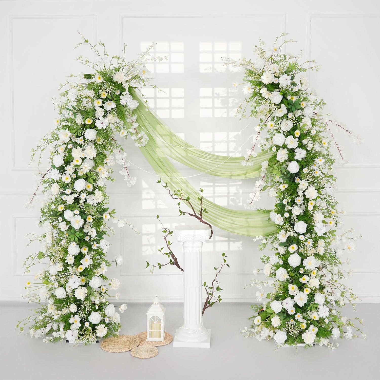 Uflower Green White Floral Horn Arch Wedding Party Backdrop Decor